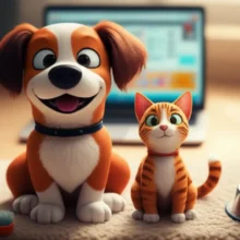 A-cute-3D-image-of-a-dog-and-cat-on-a-rug-with-pet-supplies-and-a-laptop,-symbolizing-online-learning-for-pet-care.
