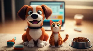 A-cute-3D-image-of-a-dog-and-cat-on-a-rug-with-pet-supplies-and-a-laptop,-symbolizing-online-learning-for-pet-care.