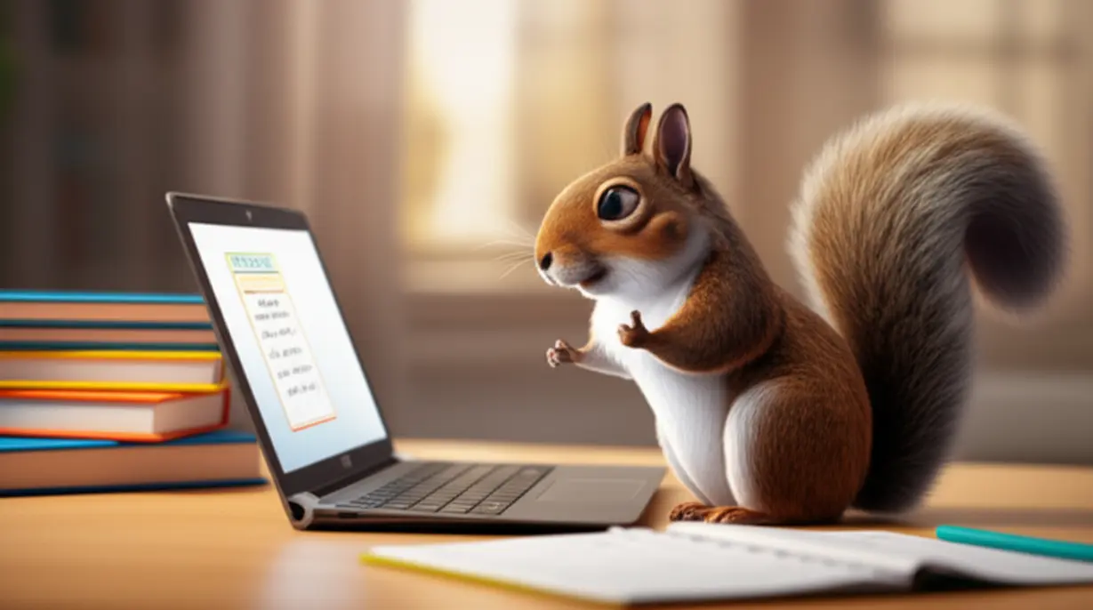 A-3D-image-of-an-animal-character-diligently-studying-online-on-a-laptop,-with-notes-and-books,-showcasing-the-convenience-and-effectiveness-of-remote-learning.
