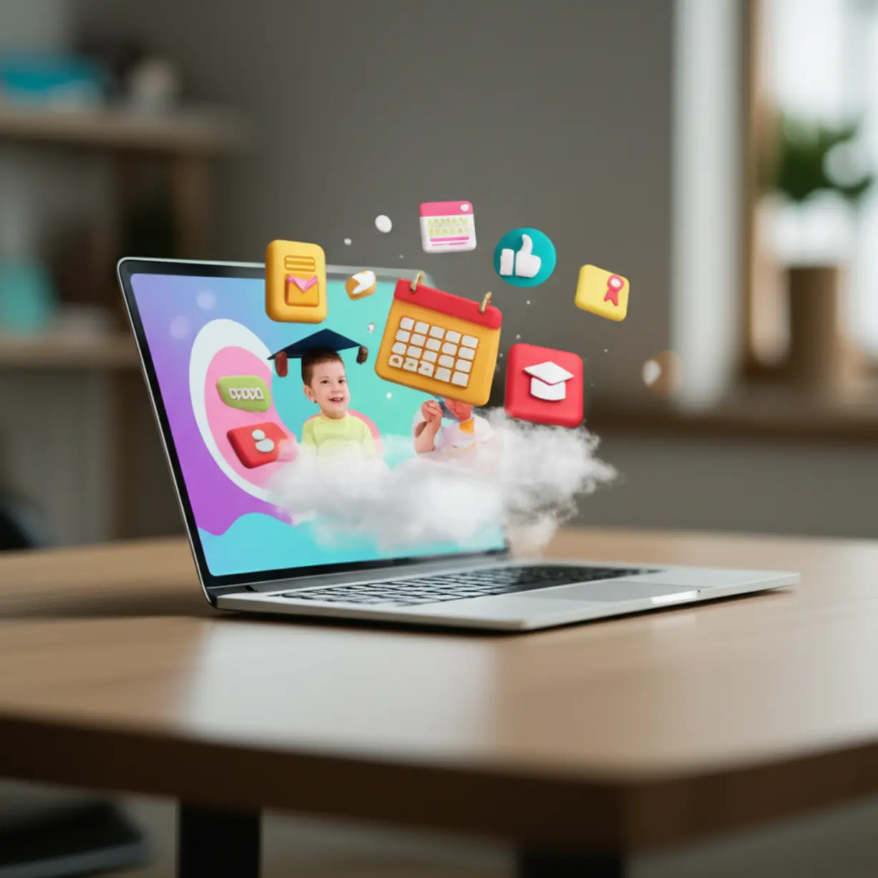 A-laptop-showing-an-online-learning-platform-for-child-psychology,-with-icons-representing-course-modules-and-a-certificate,-symbolizing-ease-of-online-education.