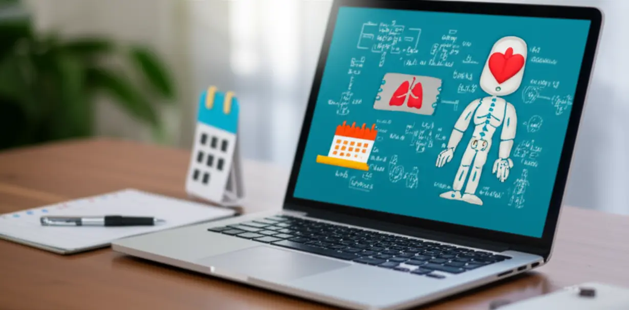 A-3D-illustration-of-a-laptop-displaying-an-online-lecture,-with-study-notes-and-a-calendar,-representing-the-online-preparation-process-for-a-hospital-coordinator-certificate.