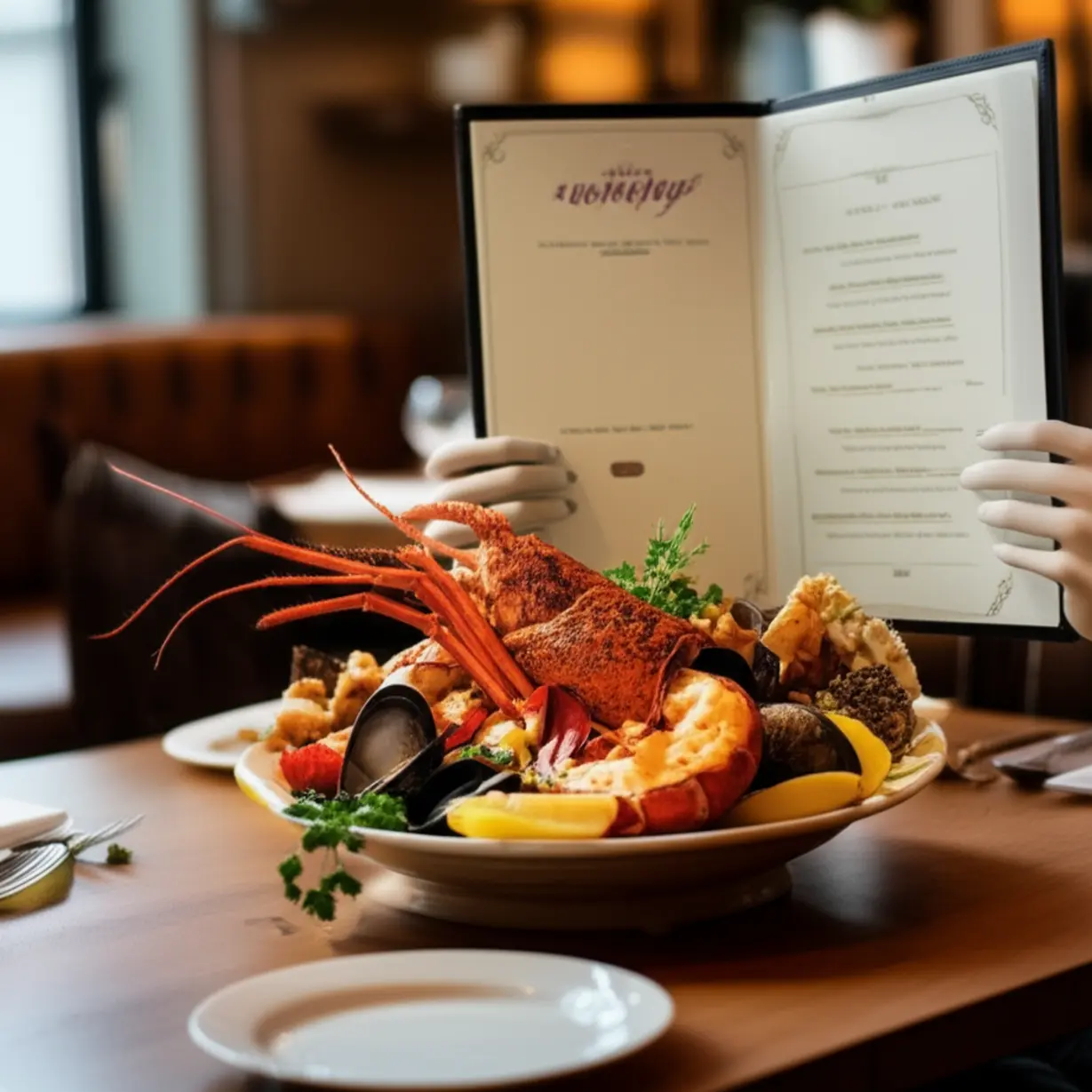 레스토랑-테이블에서-해산물-요리를-주문하는-모습