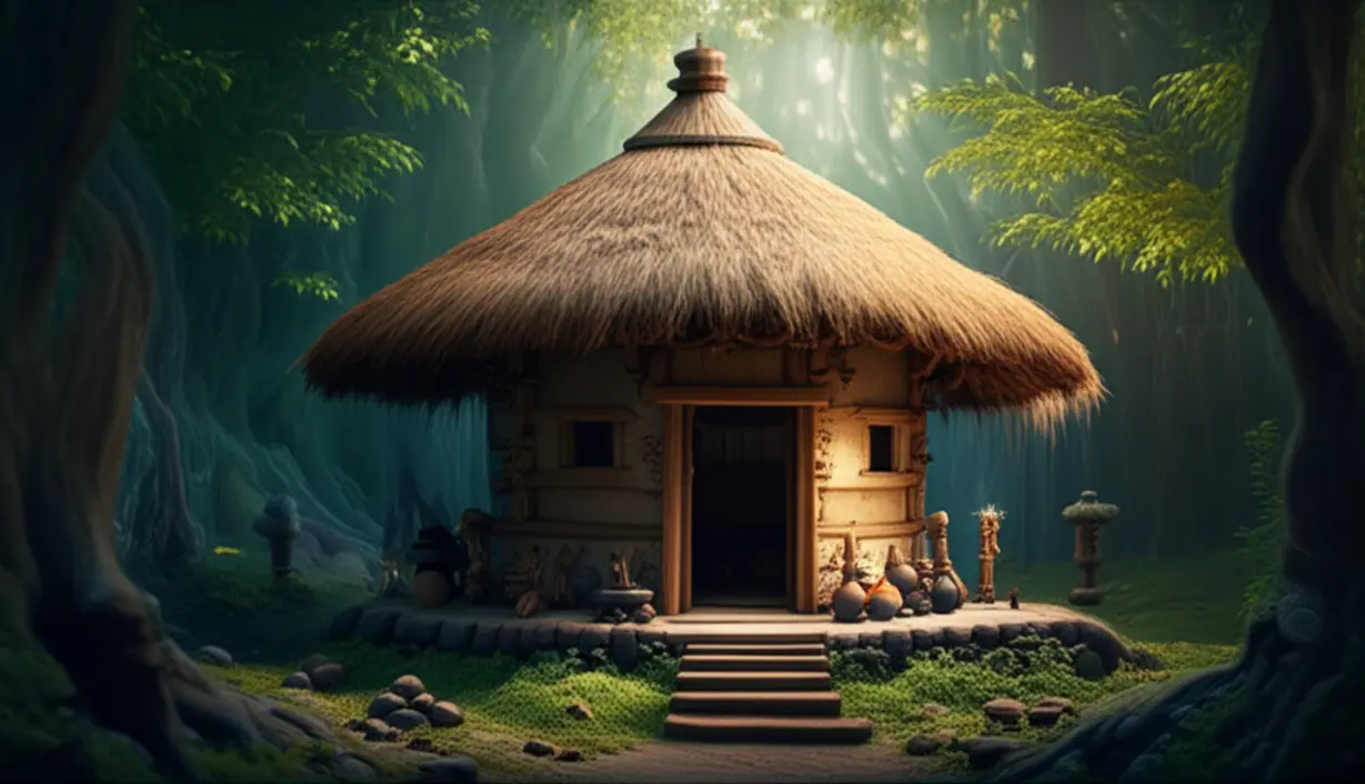 깊은-숲-속에-자리한-오래된-한국-무당의-오두막과-주변을-감도는-신비로운-기운