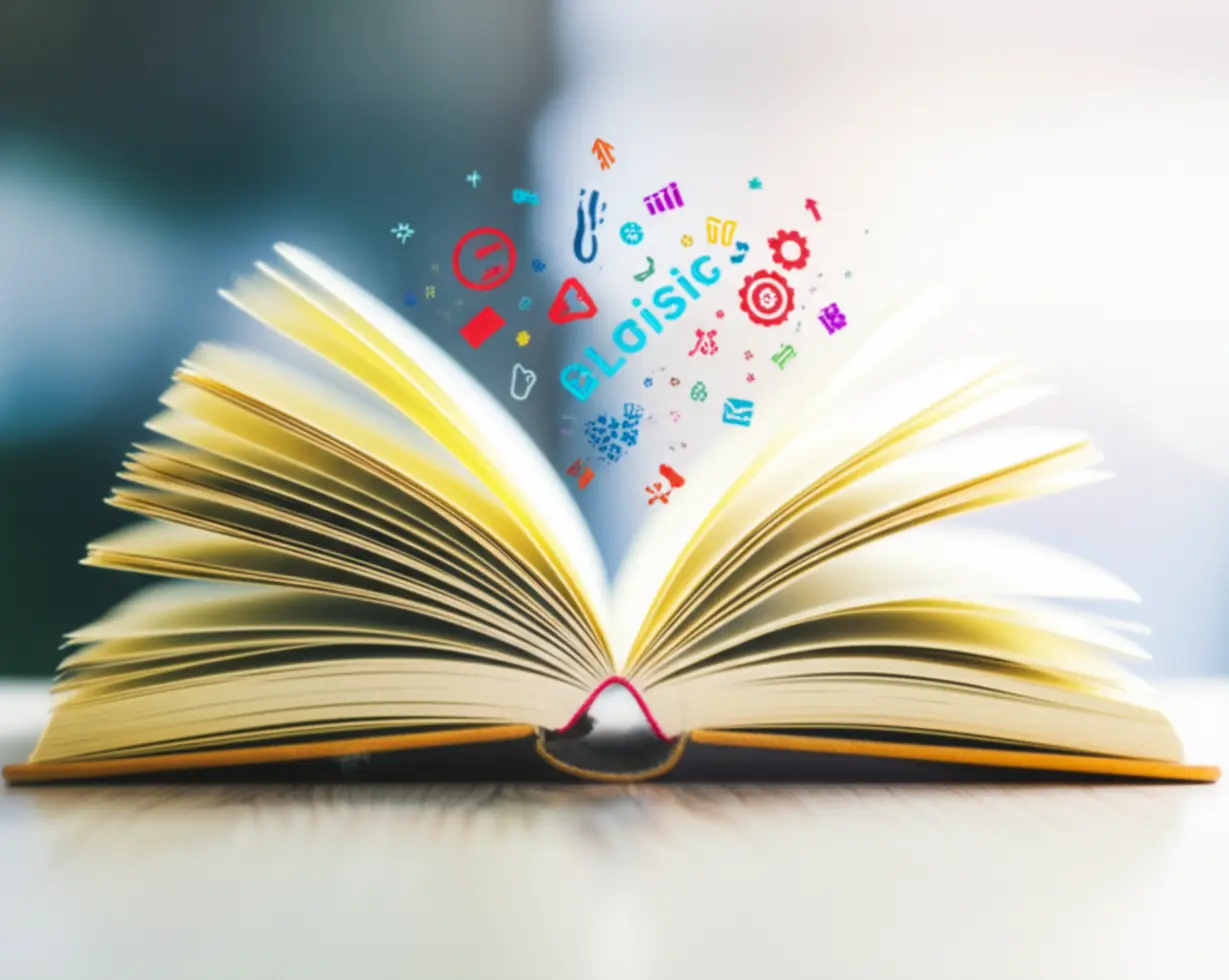 A-cute-3D-image-of-an-open-book-surrounded-by-abstract-logistics-symbols,-representing-education-and-professional-growth-in-distribution.