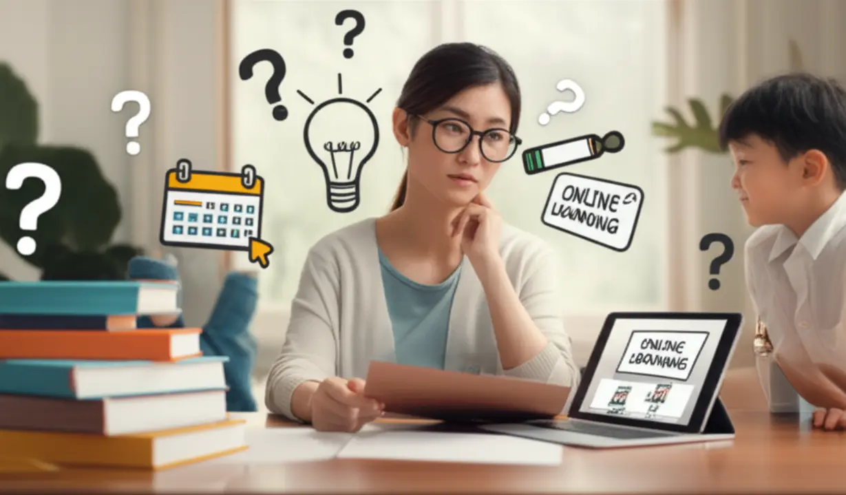 A-cute-3D-illustration-of-a-thoughtful-parent-considering-various-English-education-options-for-their-elementary-child,-including-online-learning,-with-question-marks-and-lightbulbs-symbolizing-decision-making.