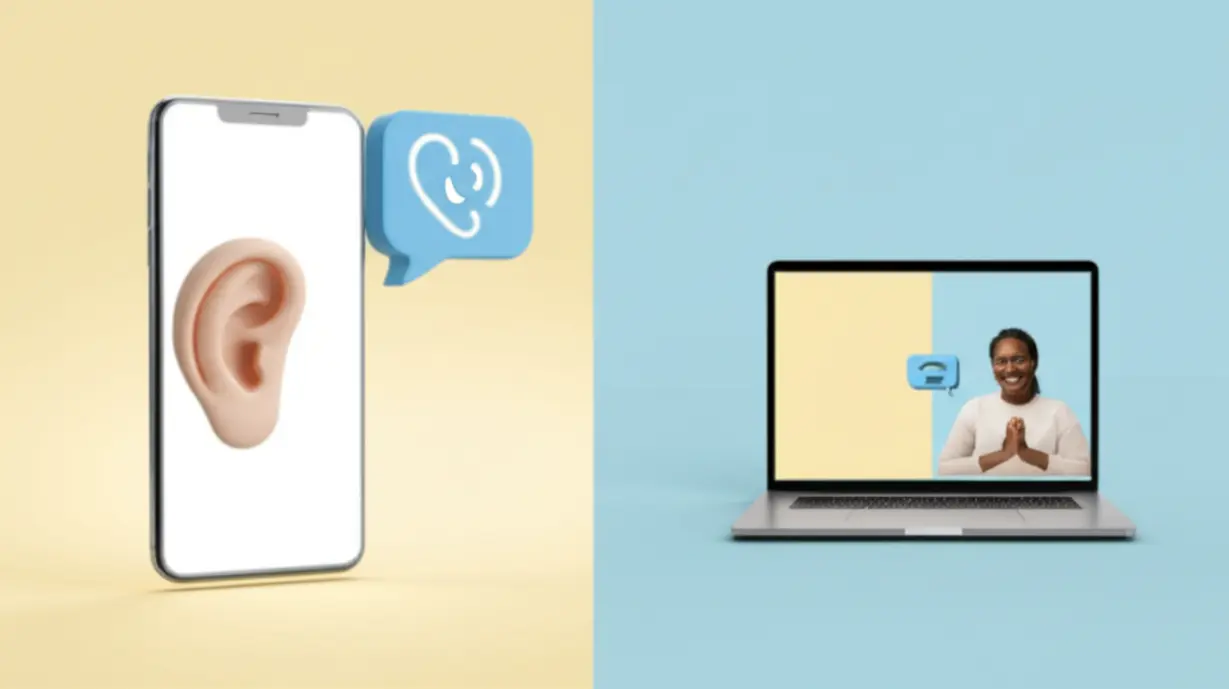 A-cute-3D-visual-comparison-between-a-smartphone-for-phone-English-(focused-on-audio)-and-a-laptop-for-video-English-(focused-on-visual-interaction),-highlighting-their-differences.