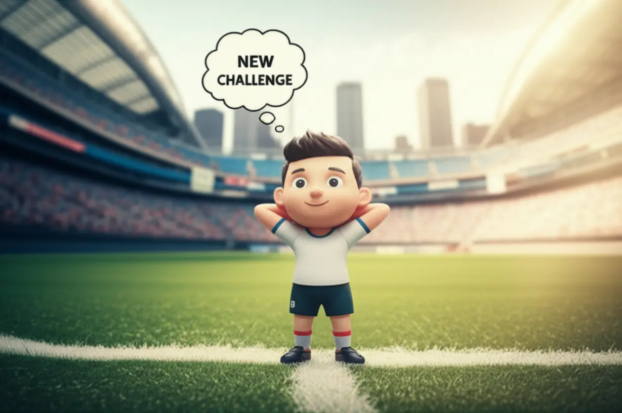 A-serene-3D-image-showing-a-generic-soccer-player-choosing-a-relaxed-US-setting-over-a-busy-European-stadium,-representing-a-desire-for-change.