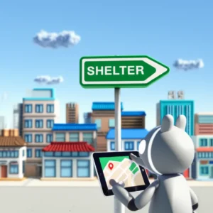 A-cute-3D-non-human-character-looking-at-a-map-on-a-tablet-in-a-stylized-cityscape,-pointing-to-a-shelter-sign,-symbolizing-preparedness-for-a-civil-defense-drill.
