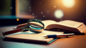 A-3D-rendering-of-a-magnifying-glass-and-notebook,-symbolizing-investigation-and-study.