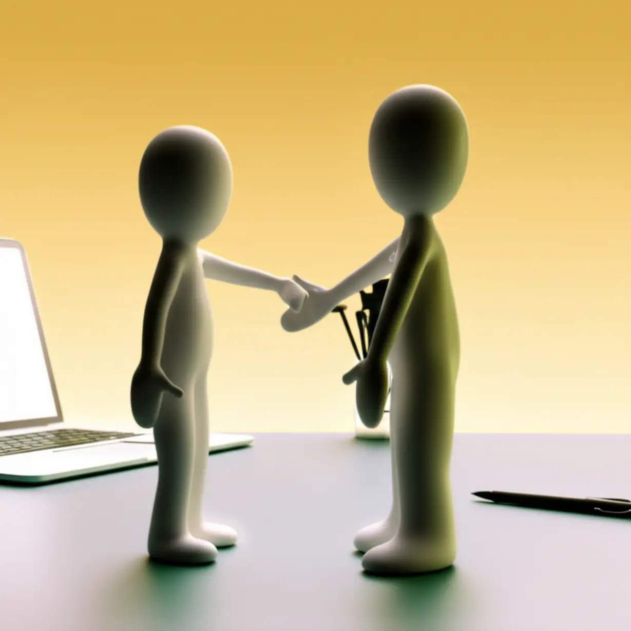 Two-3D-minimalistic-figures-shaking-hands-in-an-office-setting,-representing-professional-interactions.