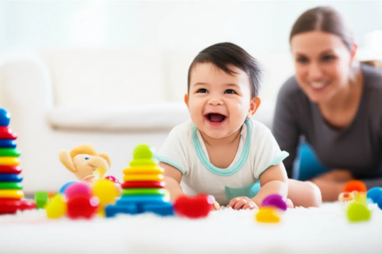 A-cute-3D-image-showing-a-professional-babysitter-caring-for-a-child-in-a-home-setting,-highlighting-their-daily-tasks.