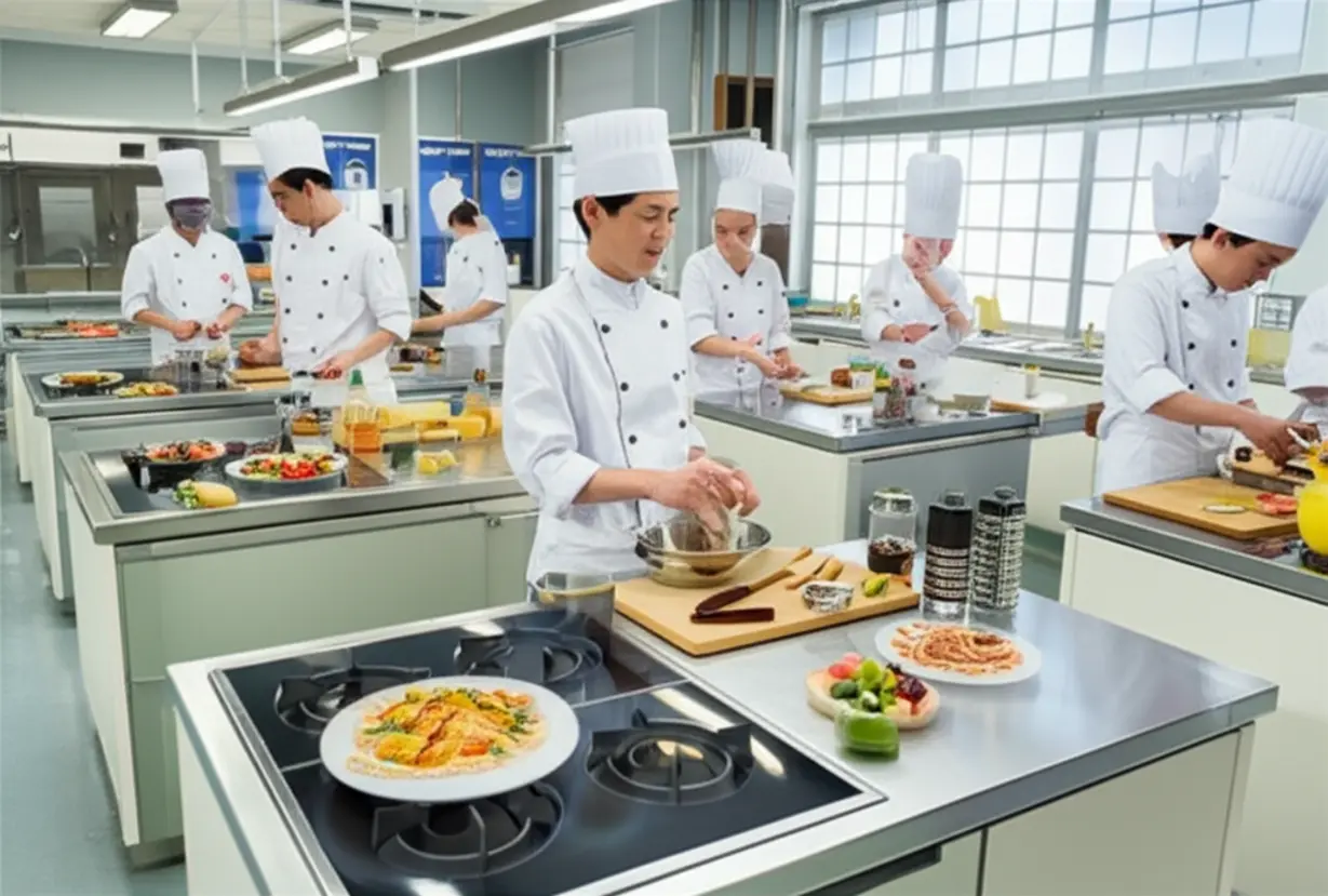 A-cute-3D-rendering-of-a-well-equipped-cooking-classroom-with-multiple-students-actively-preparing-Japanese-dishes-under-guidance.