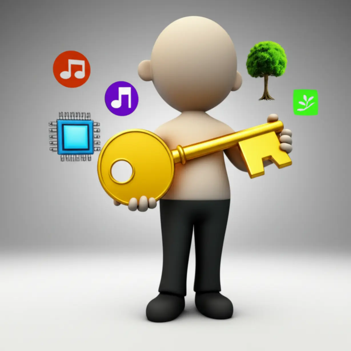 다양한-전문-분야를-상징하는-아이콘들로-둘러싸인,-빛나는-열쇠를-든-사람의-3D-이미지