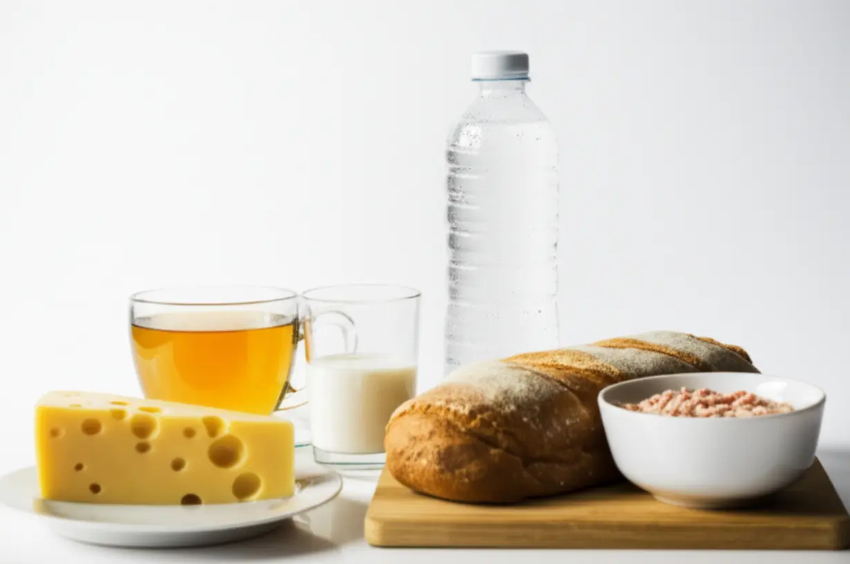 A-3D-illustration-showing-various-unit-containers-like-a-cup-of-tea,-a-glass-of-milk,-a-bottle-of-water,-a-slice-of-cheese,-a-loaf-of-bread,-and-a-bowl-of-cereal,-demonstrating-how-to-measure-uncountable-nouns.