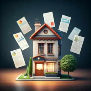 A-3D-illustration-of-a-building-surrounded-by-documents-and-charts,-symbolizing-real-estate-rights-analysis.