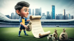 A-stylized-3D-image-illustrating-a-high-value-soccer-player-transfer-from-a-European-club-to-a-US-league-team,-symbolized-by-money-and-new-cityscapes.