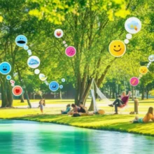 A-cute-3D-illustration-of-people-relaxing-in-a-park,-with-visual-cues-like-a-calm-river-and-thought-bubbles-with-icons-representing-English-idioms.