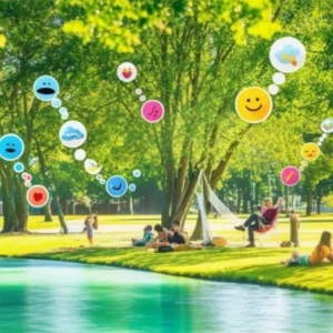 A-cute-3D-illustration-of-people-relaxing-in-a-park,-with-visual-cues-like-a-calm-river-and-thought-bubbles-with-icons-representing-English-idioms.