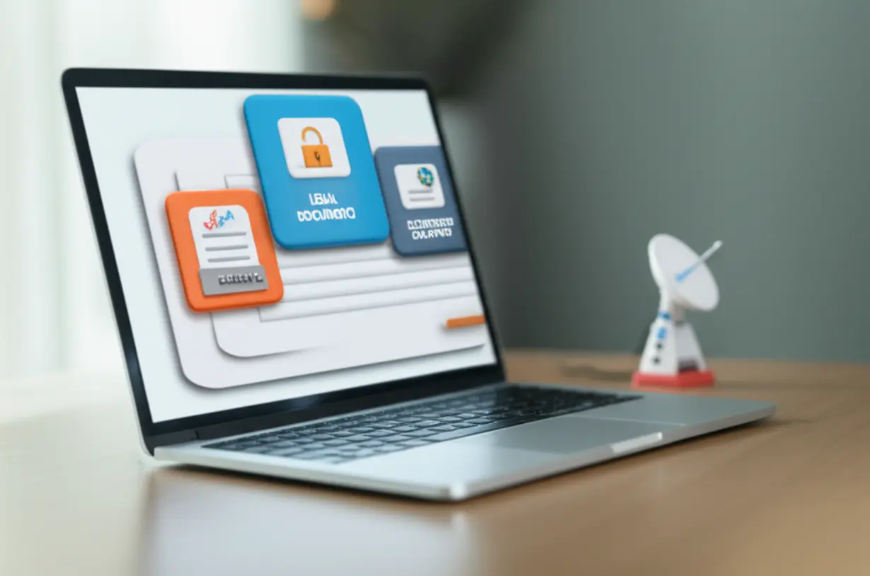 A-3D-illustration-of-a-laptop-showing-an-online-course-interface,-symbolizing-the-online-education-for-restricted-radiotelephone-operations.