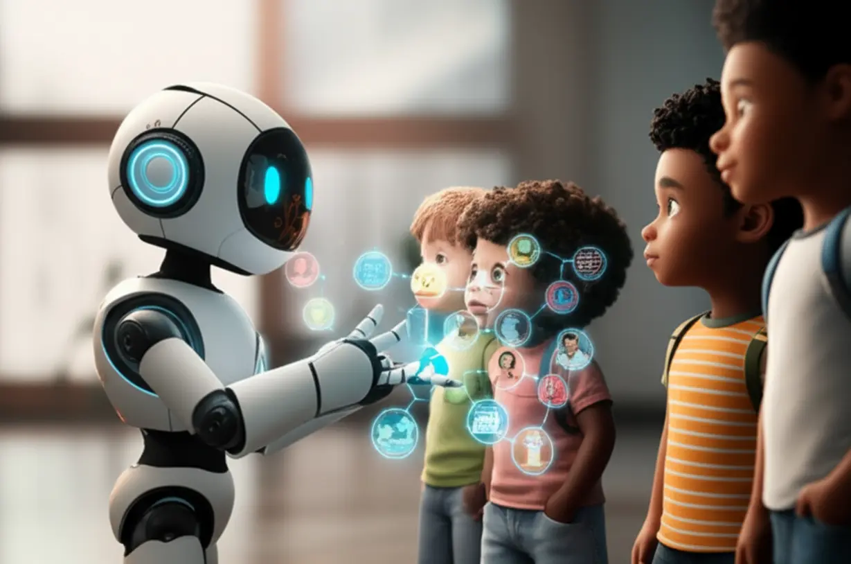 A-3D-image-showing-children-exploring-careers-with-a-robot