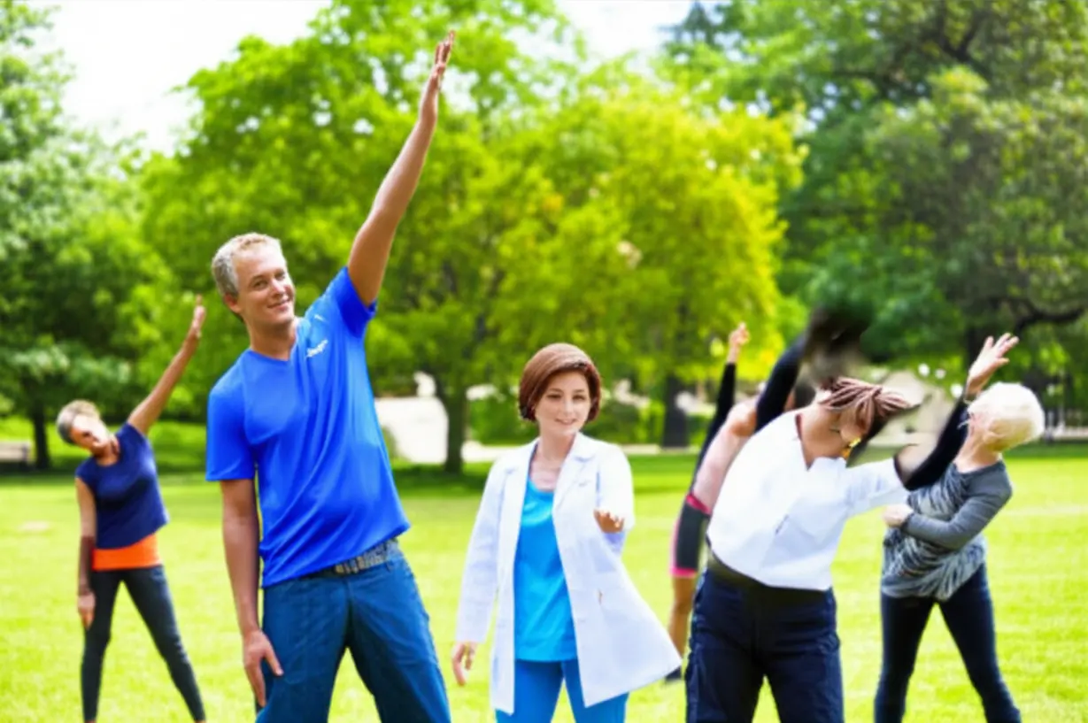 A-health-professional-guides-people-in-a-park,-symbolizing-the-role-of-health-exercise-managers.