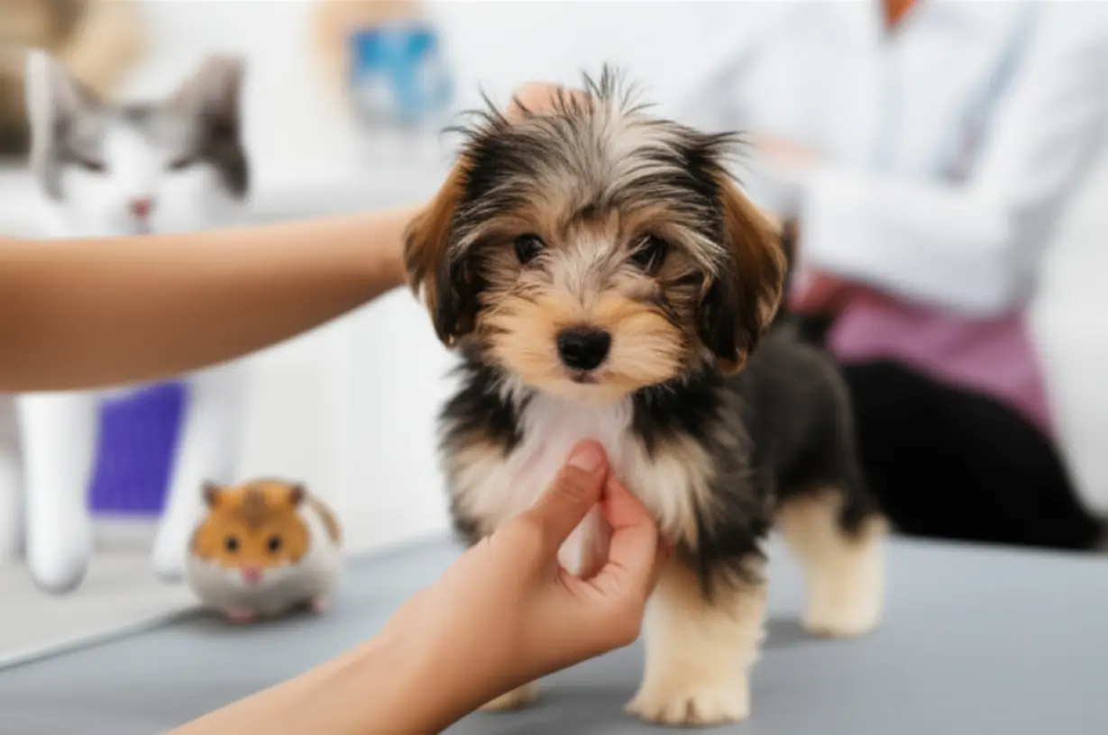 A-cute-3D-image-of-hands-grooming-a-dog,-with-other-pets-in-the-background,-representing-professional-pet-care.