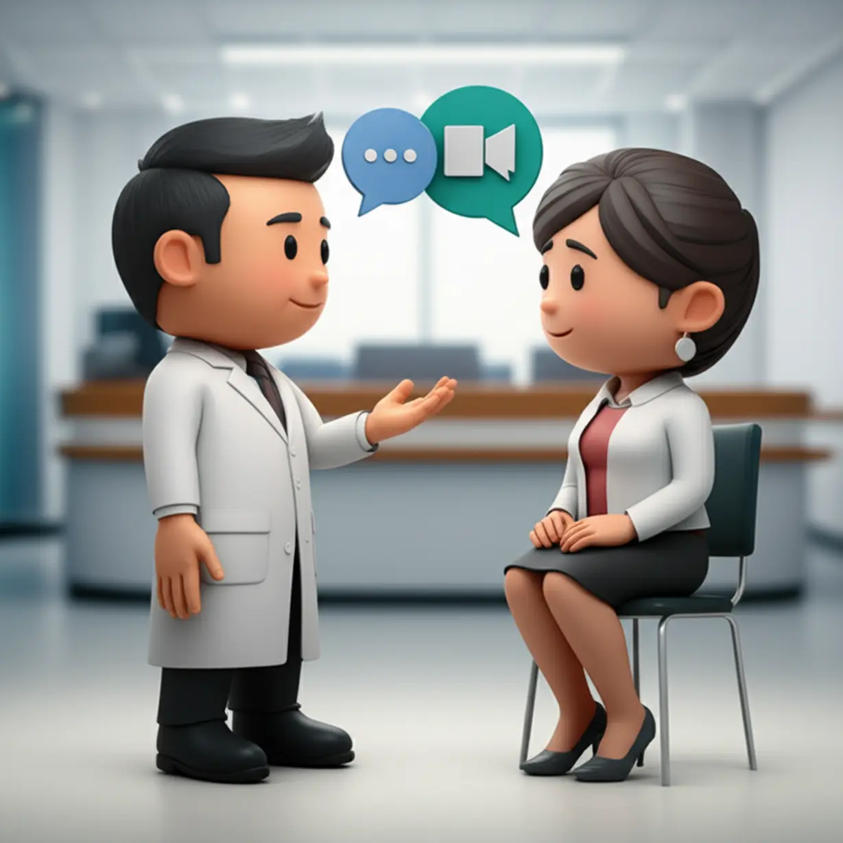 Two-friendly-3D-characters-role-playing-a-communication-scenario-at-a-hospital-reception,-demonstrating-customer-service-and-problem-solving-skills.