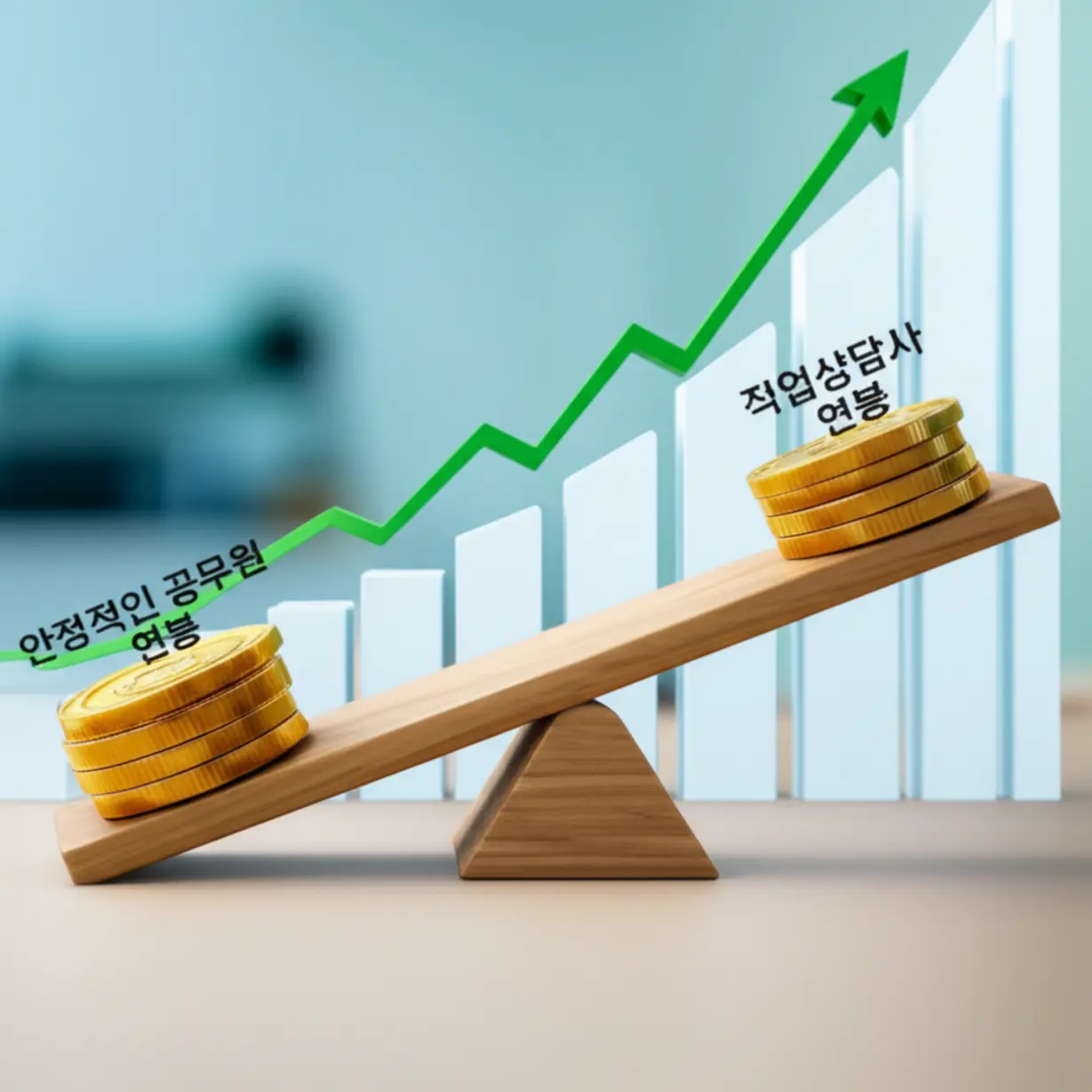A-whimsical-3D-image-of-a-seesaw-showing-a-heavier-stack-of-coins-for-public-officials-and-a-lighter-stack-for-vocational-counselors,-indicating-salary-differences-and-job-stability.