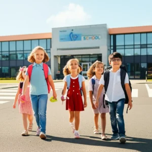 어린이들을-안전하게-지도하는-학교안전지도사-캐릭터와-함께-아이들이-학교로-향하는-모습의-3D-이미지