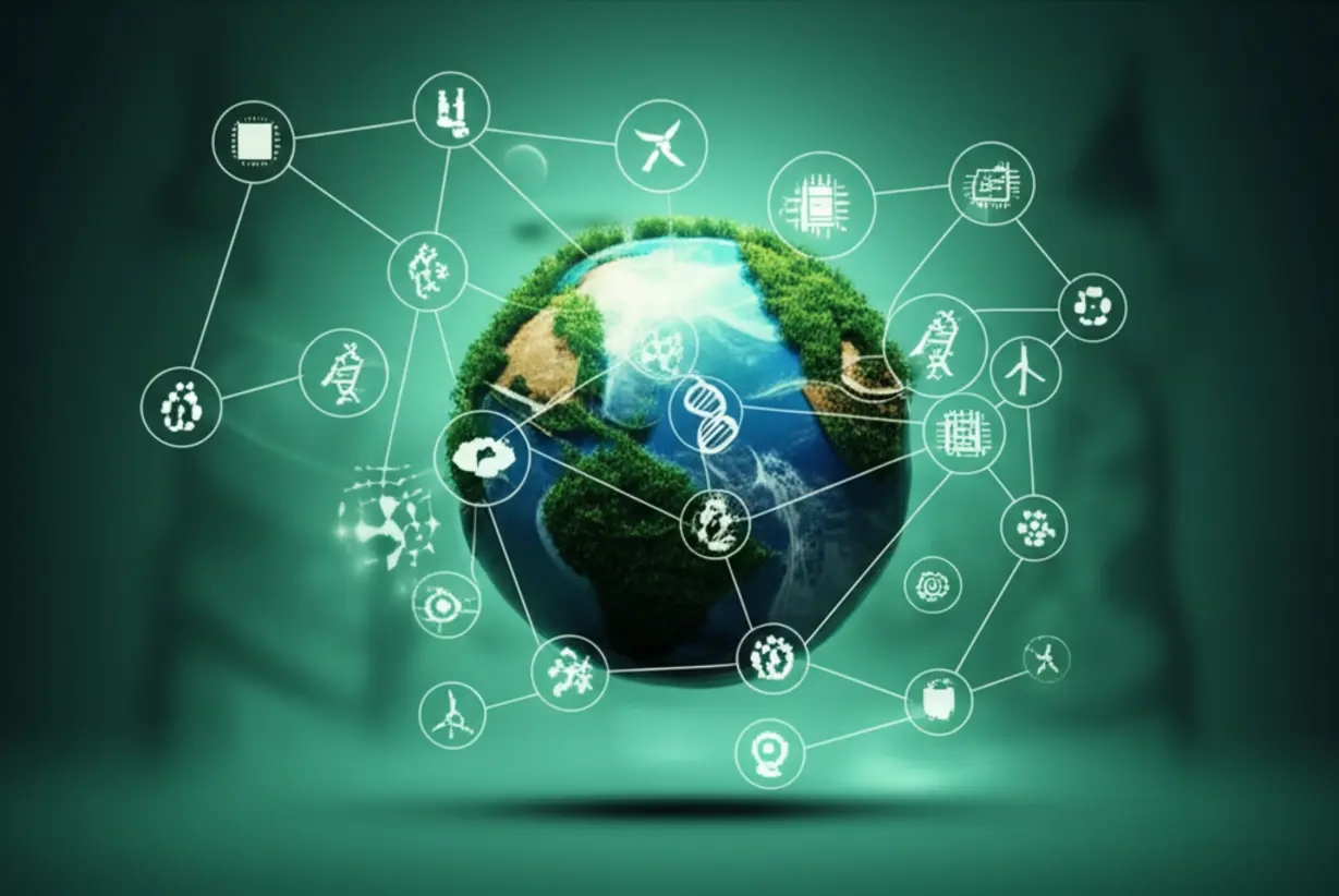 A-3D-illustration-of-scientific-and-environmental-symbols-orbiting-a-stylized-Earth,-representing-technological-and-ecological-issues.