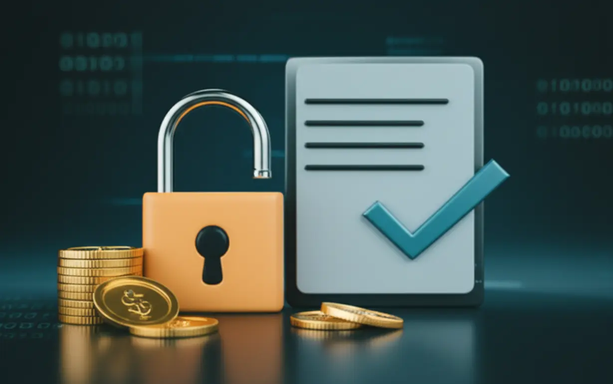 Cute-3D-secure-lock,-money,-and-a-document-with-a-checkmark,-symbolizing-secure-transactions-and-clear-refund-policies-in-online-services.