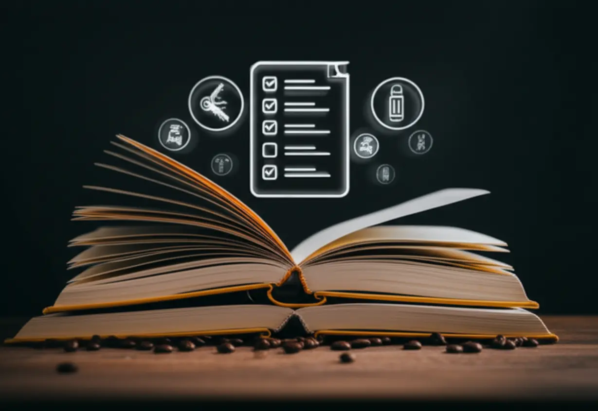 A-checklist-and-icons-representing-important-factors-when-choosing-a-barista-certification-platform,-with-books-and-coffee-beans.