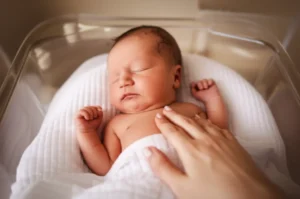 포근한-요람에서-잠든-신생아-옆에-놓인-부드러운-손이-산후관리의-따뜻함을-표현합니다.