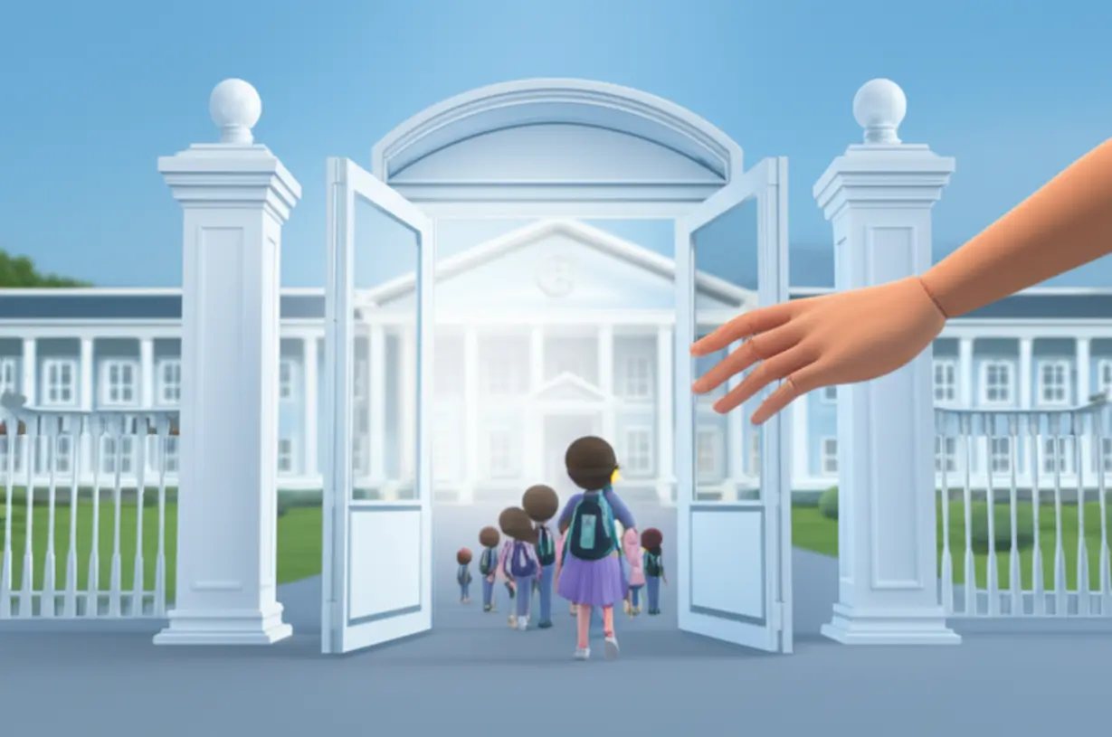 A-cute-3D-illustration-of-an-open-gate-through-which-stylized-figures-are-passing,-symbolizing-the-new-additional-acceptance-system-for-teacher-appointments-and-immediate-opportunities.