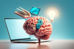 A-cute-3D-stylized-brain-symbolizing-smart-online-learning-decisions,-surrounded-by-digital-education-elements.
