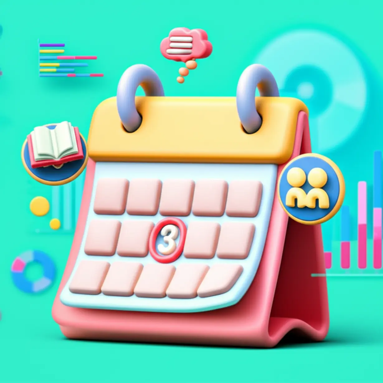 A-cute-3D-image-illustrating-an-exam-calendar-with-subject-icons-and-background-charts,-representing-the-Social-Worker-Level-1-exam-details-and-schedule.