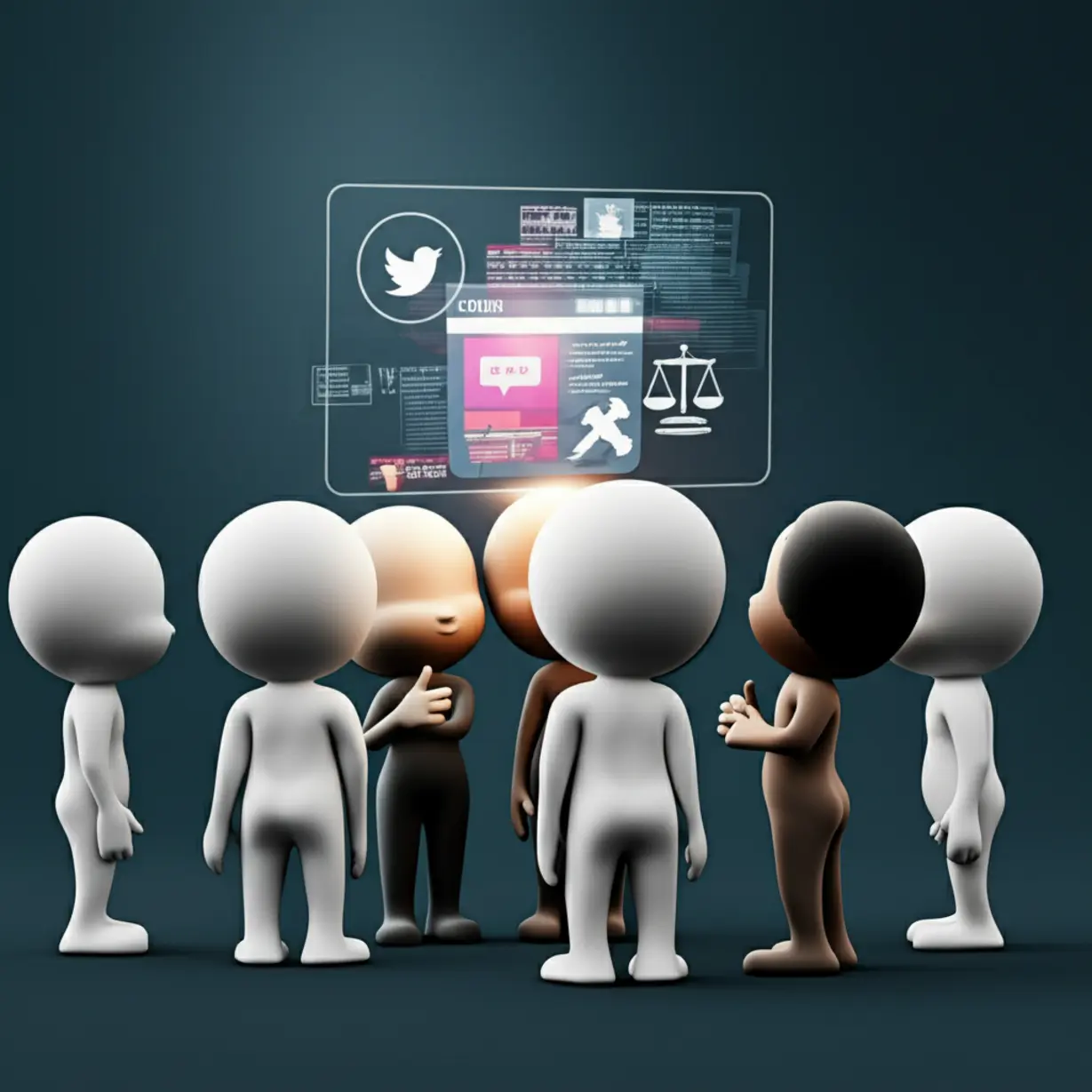 A-3D-illustration-showing-stylized-people-discussing-current-events-displayed-on-a-holographic-screen.