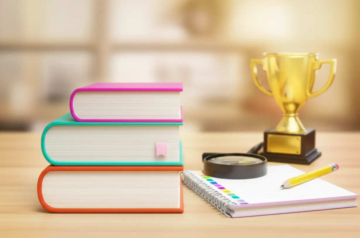 A-3D-image-showing-study-materials-and-a-trophy,-symbolizing-successful-exam-preparation-for-an-art-therapy-certificate.