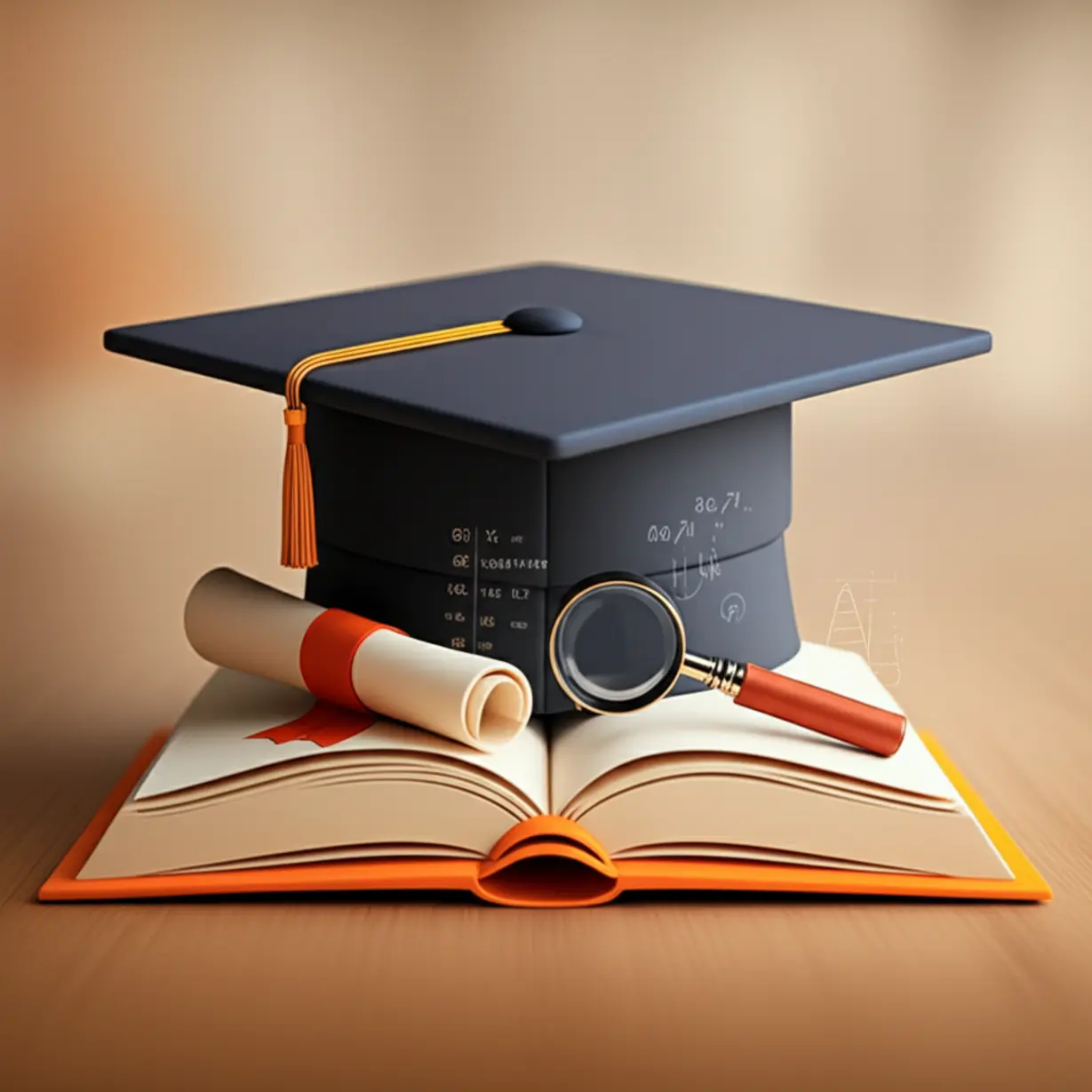 A-cute-3D-image-of-a-graduation-cap-on-a-textbook-with-data-visualizations,-representing-academic-performance.