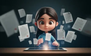 학생이-태블릿으로-9급-공무원-시험-기출문제를-공부하는-모습.-디지털-학습-도구들이-주변에-떠다닌다.