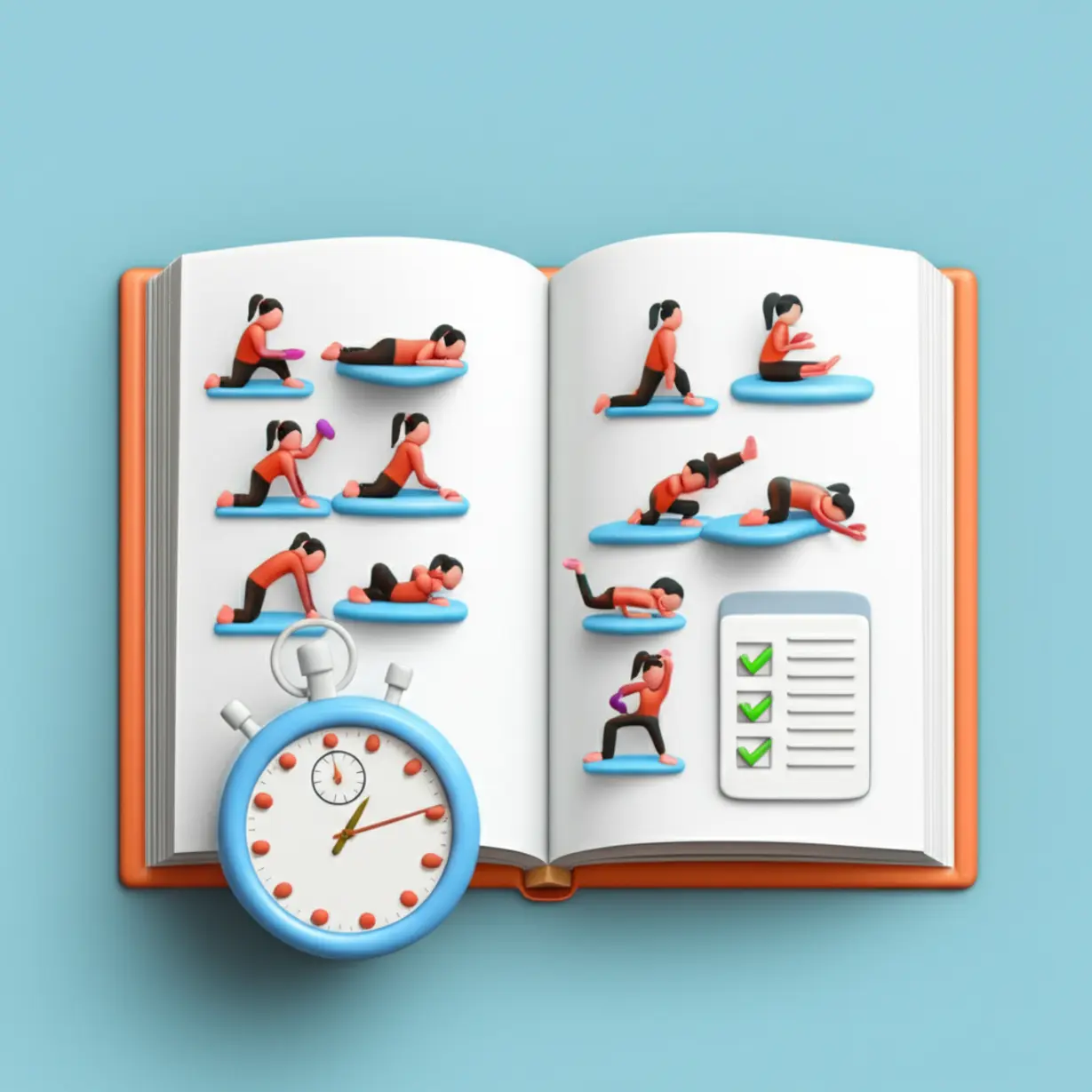 An-open-textbook-showing-exercise-diagrams,-with-a-stopwatch-and-checklist,-representing-focused-study-for-sports-instructor-exams.