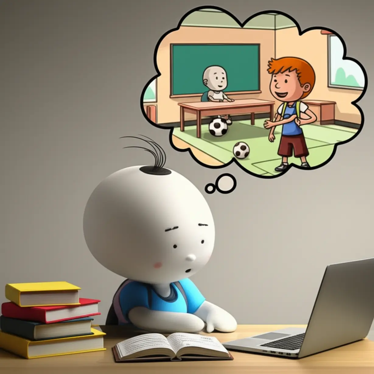A-cute-3D-stylized-character-studying-intently-with-books-and-a-laptop,-with-a-thought-bubble-showing-classroom-and-sports-field,-next-to-another-stylized-character-cheerfully-attending-a-training-session.