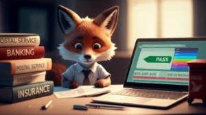 A-cute-3D-illustration-of-a-stylized-animal-character-studying-at-a-desk-with-books-about-postal-service,-banking,-and-insurance,-and-a-laptop-showing-a-pass-line-graph,-symbolizing-preparation-for-the-postal-worker-civil-service-exam.