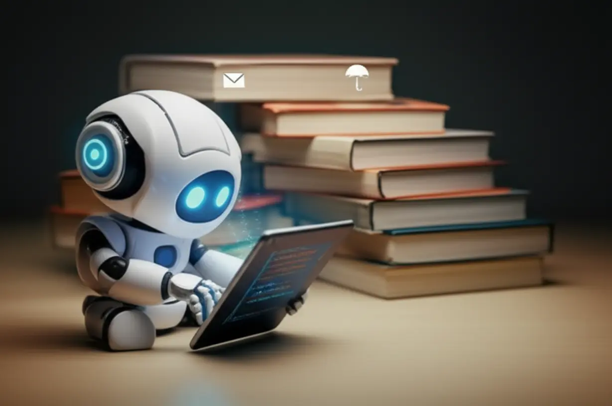 A-3D-illustration-of-various-study-books-for-postal,-deposit,-and-insurance,-with-a-robot-studying-computer-science,-representing-subject-specific-learning-strategies-for-the-postal-worker-exam.