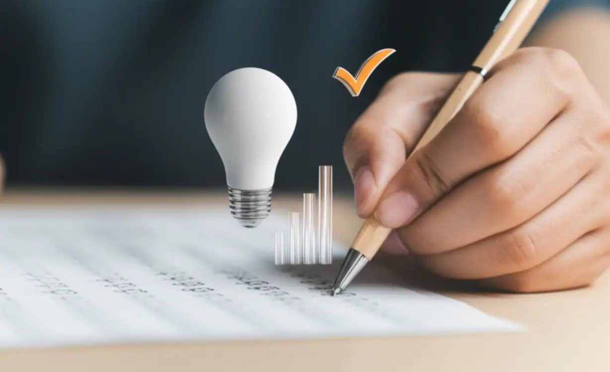 A-3D-rendering-of-a-hand-marking-a-test-paper,-surrounded-by-symbols-of-success-like-a-lightbulb-and-checkmark,-indicating-effective-study.
