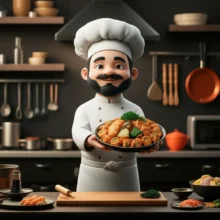 A-cute-3D-chef-character-in-a-modern-kitchen,-proudly-displaying-a-delicious-Japanese-dish,-symbolizing-cooking-achievement.