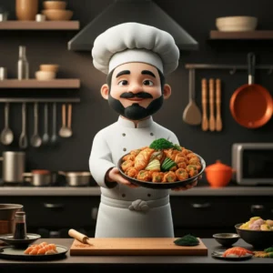 A-cute-3D-chef-character-in-a-modern-kitchen,-proudly-displaying-a-delicious-Japanese-dish,-symbolizing-cooking-achievement.