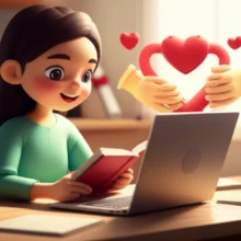 A-cute-3D-image-depicting-a-person-happily-studying-online-for-a-social-work-exam,-surrounded-by-books,-a-laptop,-and-symbols-of-care.