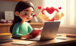 A-cute-3D-image-depicting-a-person-happily-studying-online-for-a-social-work-exam,-surrounded-by-books,-a-laptop,-and-symbols-of-care.