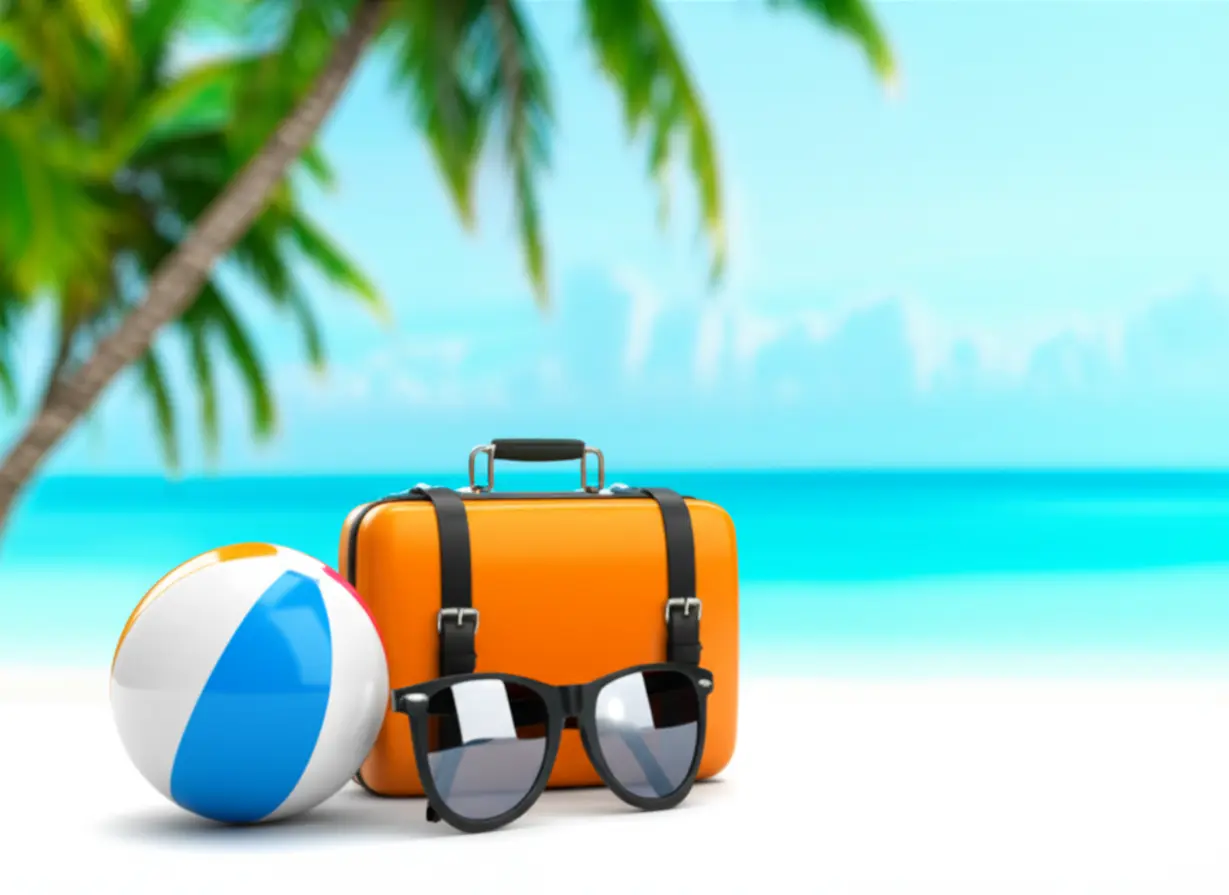 A-3D-stylized-suitcase-with-a-beach-ball-and-sunglasses,-set-against-an-ocean-and-palm-tree-background,-symbolizing-summer-vacation.